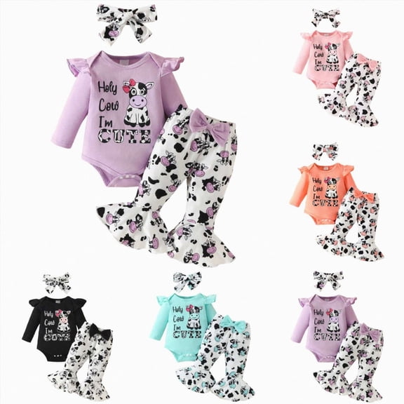 CAUYDY 3 6 9 12 18 Months Baby Girls Cow Outfit Toddler Girl Long Sleeve Romper Pants Headband 3PCS Cute Clothing Set Fall Winter Purple Sizes 6-9 Months
