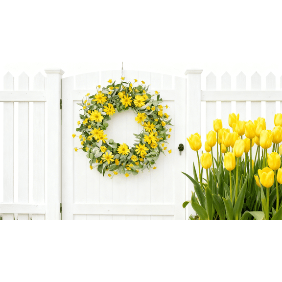 24"  Artificial Yellow Daisy & Eucalyptus Wreath - Spring & Summer Front Door Decor, Festive Floral Wreath for Indoor & Outdoor Home, Porch & Wall Displays