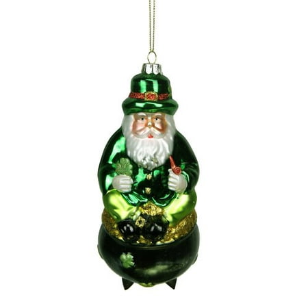 Northlight Seasonal Luck of the Irish Santa Sitting on Pot of Gold Glass Christmas Ornament