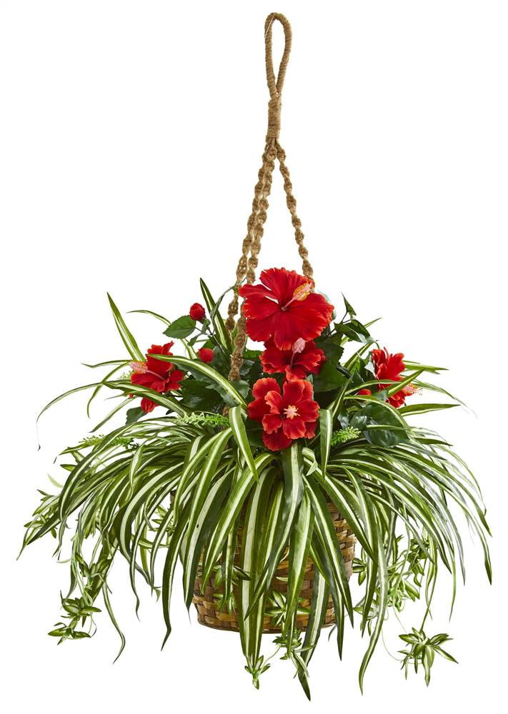 Hibiscus & Spider Artificial Plant in Hanging Basket
