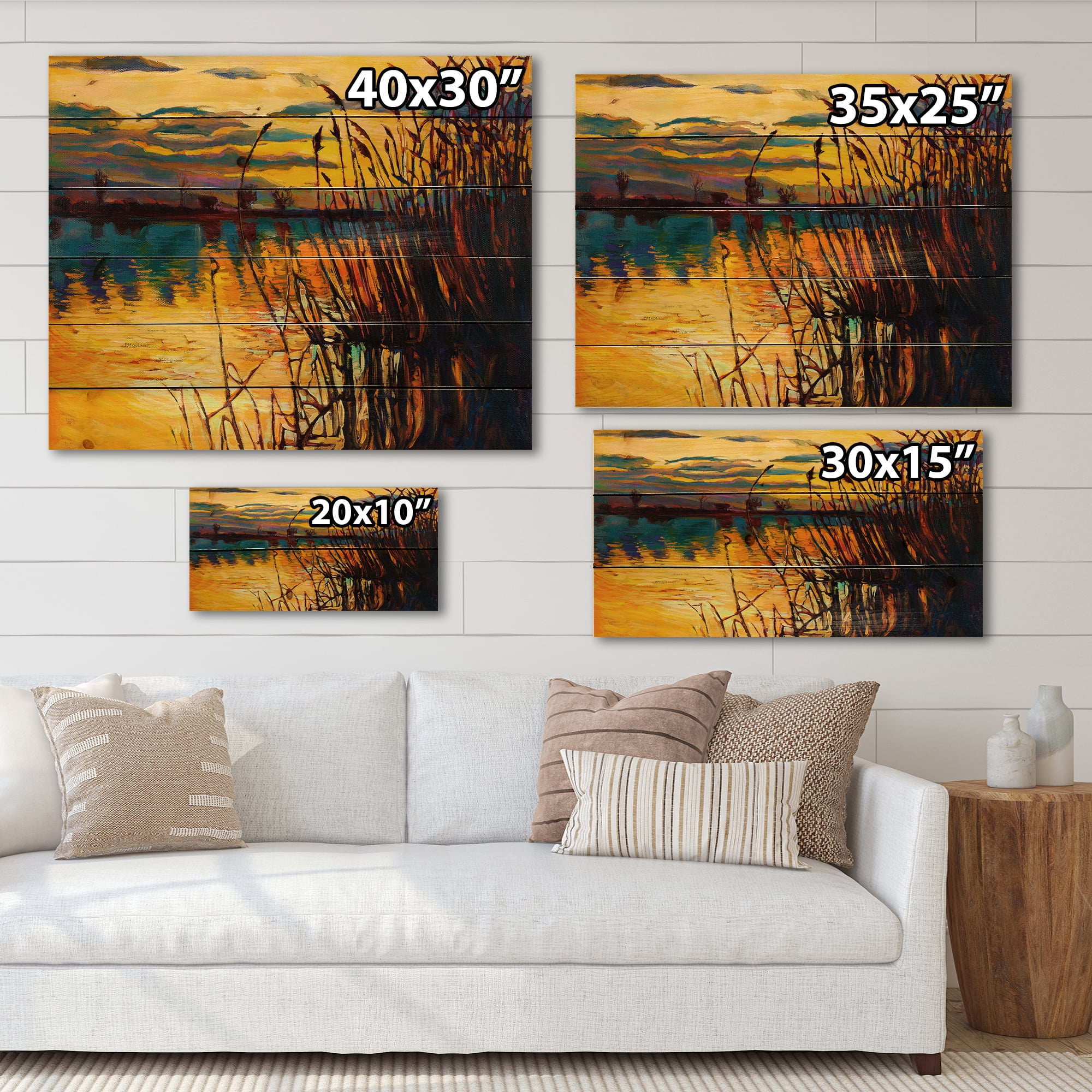 Designart 'Yellow Evening Glow Through The High Grass By The Lake' Nautical & Coastal Print on Natural Pine Wood