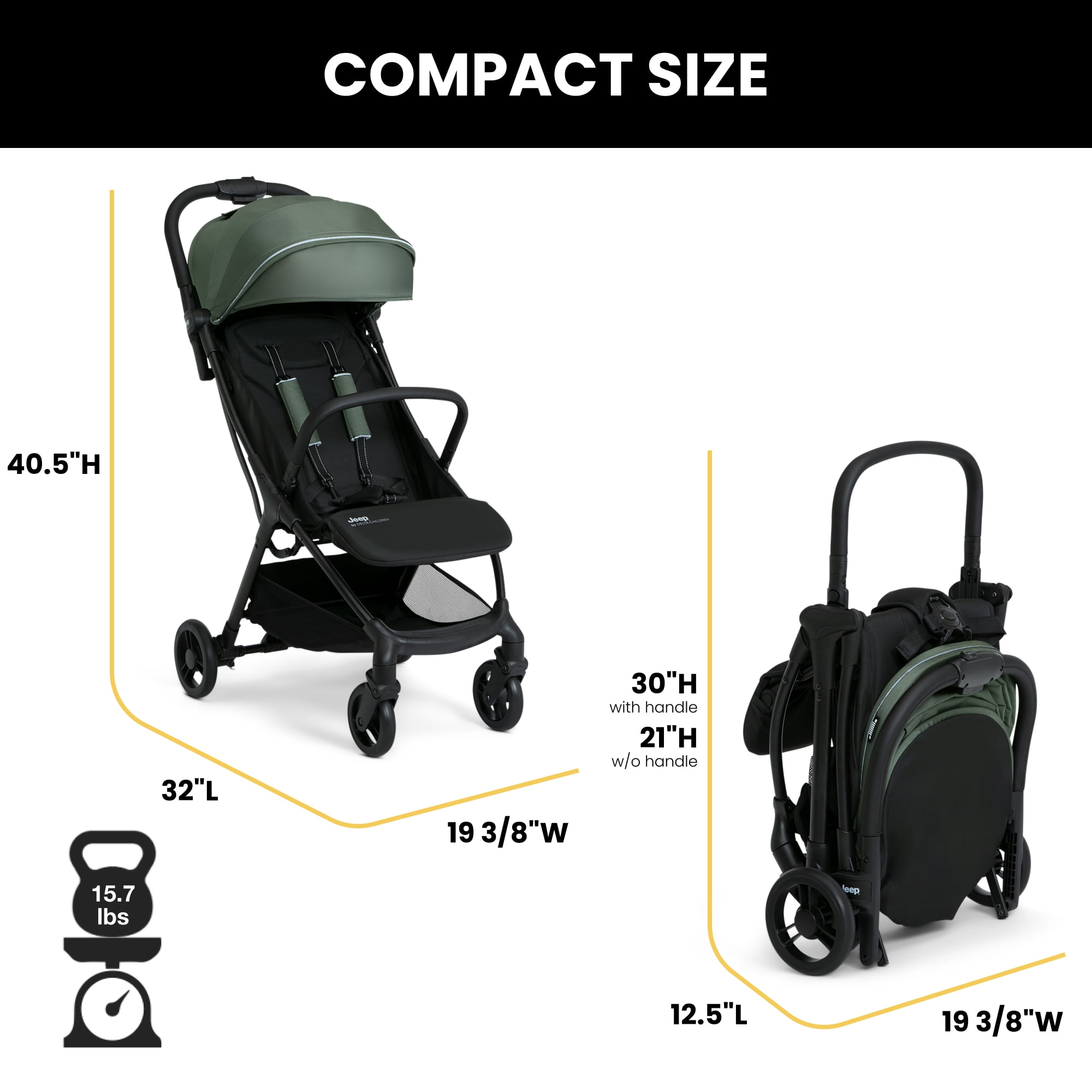 Jeep Altitude Compact Travel Stroller by Delta Children – Greenguard Gold Certified, Easy One Hand Fold, Lightweight, Extendable Canopy with Peek-a-Boo Window, 4 Wheel Suspension, Olive Green