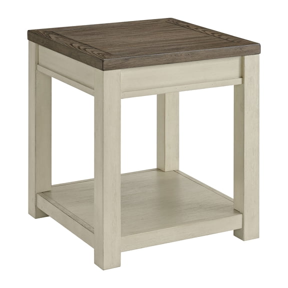 ROME OAK Tate Farmhouse Wood End Table with Shelf, Weathered Brown and Cream