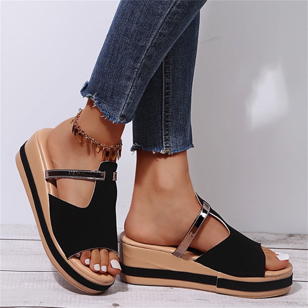 Sandalias de tacón de cuña Sandalias de color sólido con boca de pez de fondo grueso para mujer Wmkox8yii ytu1137