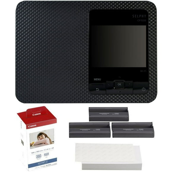 Canon SELPHY CP1500 Compact Photo Printer Black + Canon KP-108IN Selphy Color Ink 4x6 Paper Set 3115B001