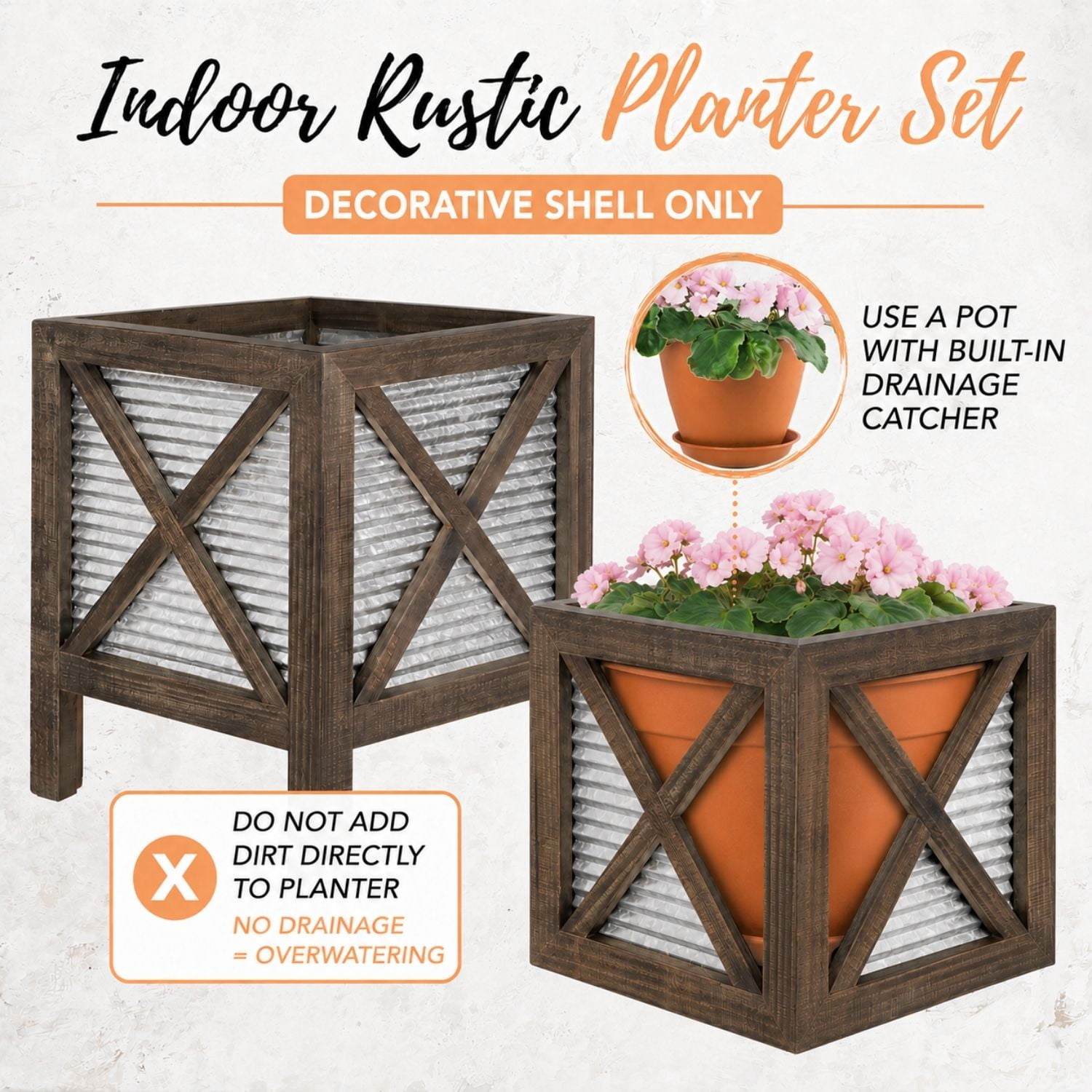 Autumn Alley Indoor Rustic Farmhouse Planter Set, 2 Pc. Wood & Galvanized Flower Pots, Home Decor
