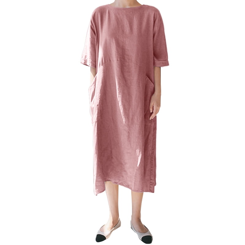 ZANZEA Women 3/4 Sleeve Cotton Linen Dress Loose Casual Midi Dress ...