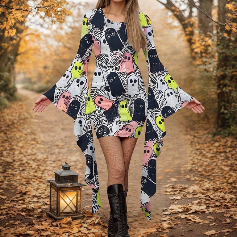 mini witch dress Frostluinai Womens Halloween s Gothic Bodycon Witch Dress Bell Sleeve Irregular Slim Fit Mini Dress Punpkin Ghosts Party Dresses, Women's, Size: XL,