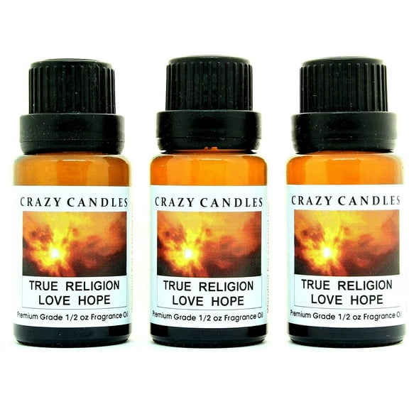 Crazy Candles True Religion Love Hope 3 Bottles 1/2 Fl Oz Each (15ml) Premium Grade Scented Fragrance Oil (Fruity and Floral, Caramel, Sugared Almonds, Brown Sugar and Vanilla)