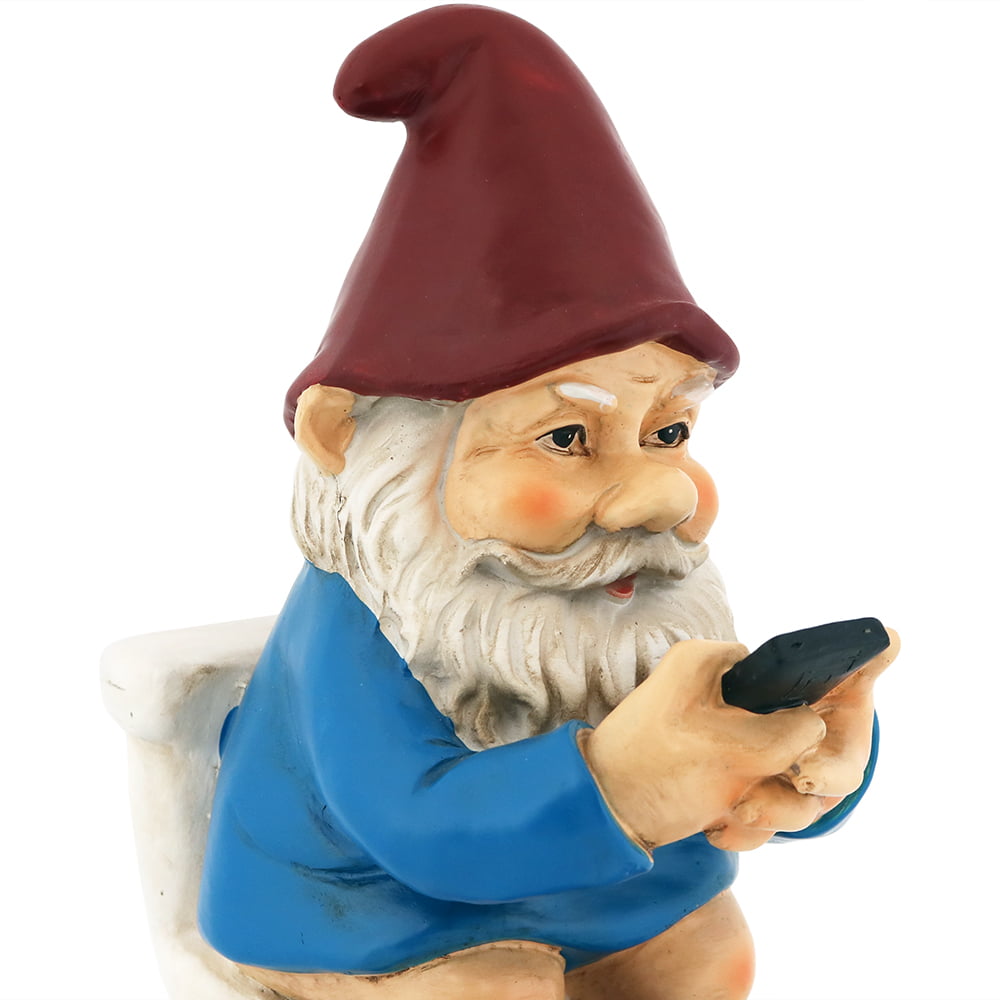 Funny Lawn Decoration 9.5 Inch Tall Sunnydaze Cody The Garden Gnome on The Throne Reading Phone