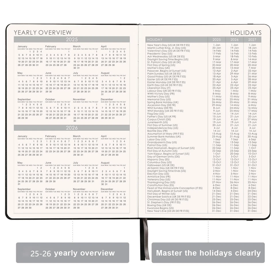 2025 Black Planner 5X8 Weekly Monthly Pages Calendar Stickers Inner Pocket