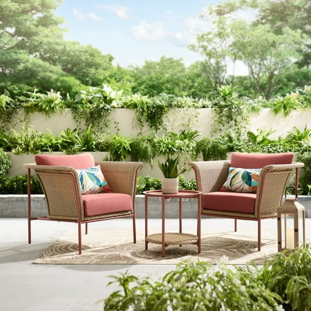 Better Homes & Gardens Trezza 3-Piece Steel and Wicker Outdoor Chat Set with Cushions, Red
