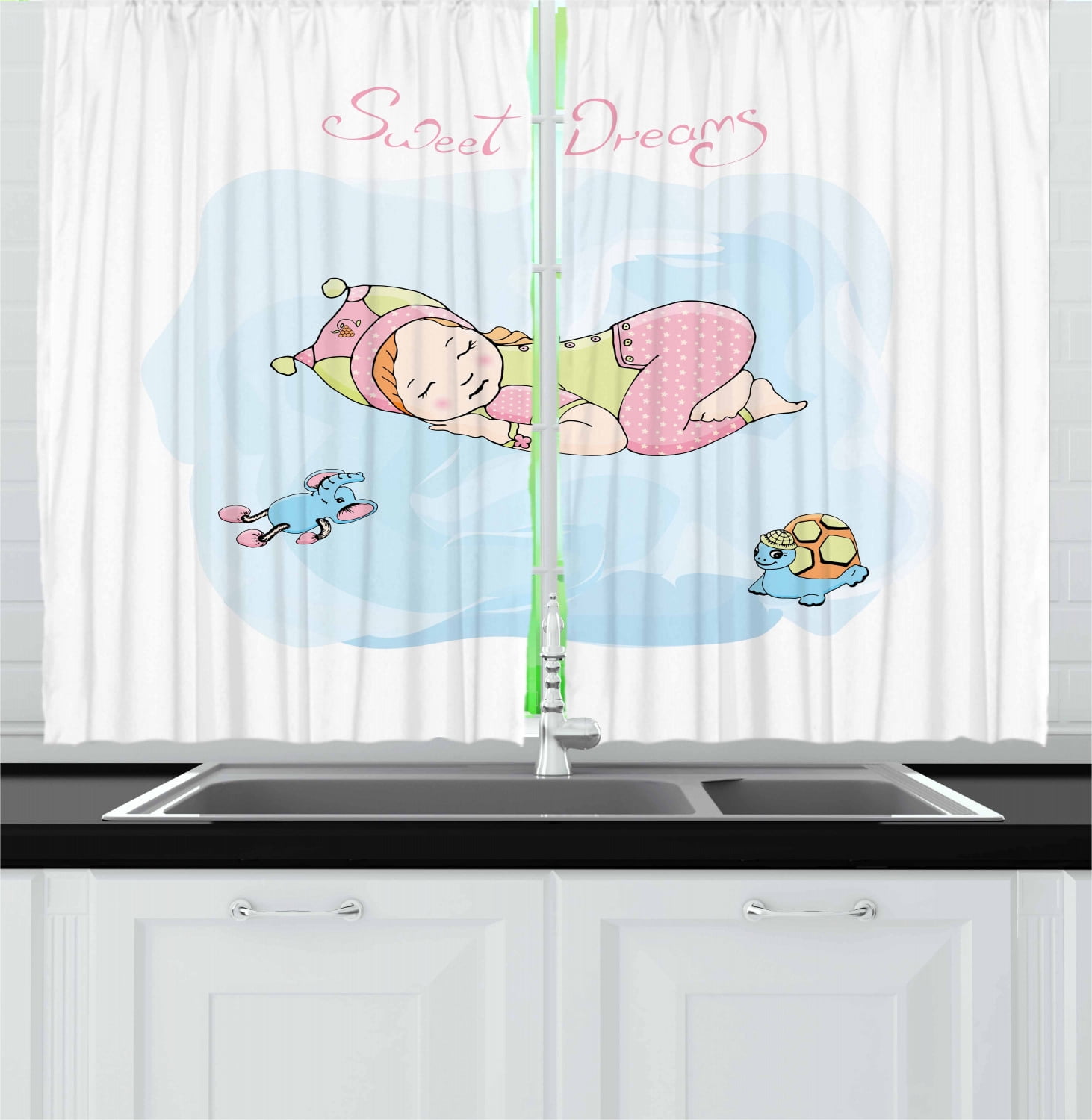 Sweet Dreams Curtains 2 Panels Set, Girl Sleeping with Her Toys Teddy Tortoise and Elephant Cartoon Illustration, Window Drapes for Living Room Bedroom, 55W X 39L Inches, Multicolor, by Ambesonne