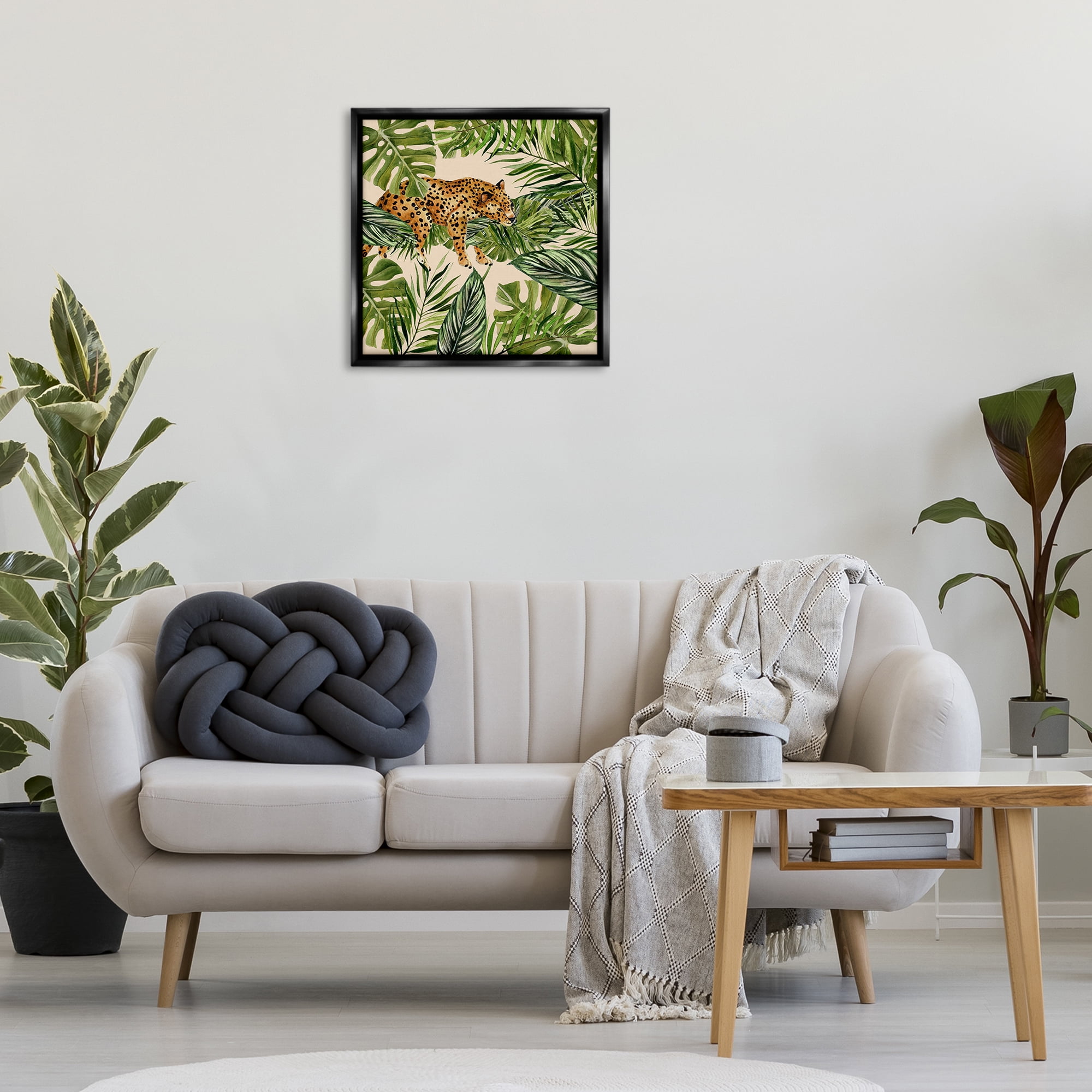 Stupell Industries Resting Leopard on Branch Plants & Flowers Painting Black Floater Framed Canvas Art Print Wall Art, 25 x 25