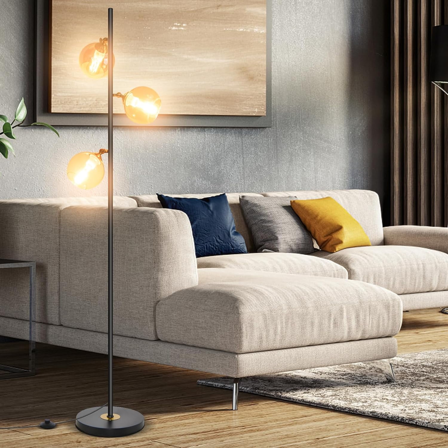 Neatifyes Mid Century Floor Lamp, Modern Freestanding Lamp with 3 Glass Globe Lampshades, Weighted Base, Convenient Foot Switch, Standing Tree Lamp for Bedroom Living Room, E26 Bulb Base (Art Deco)