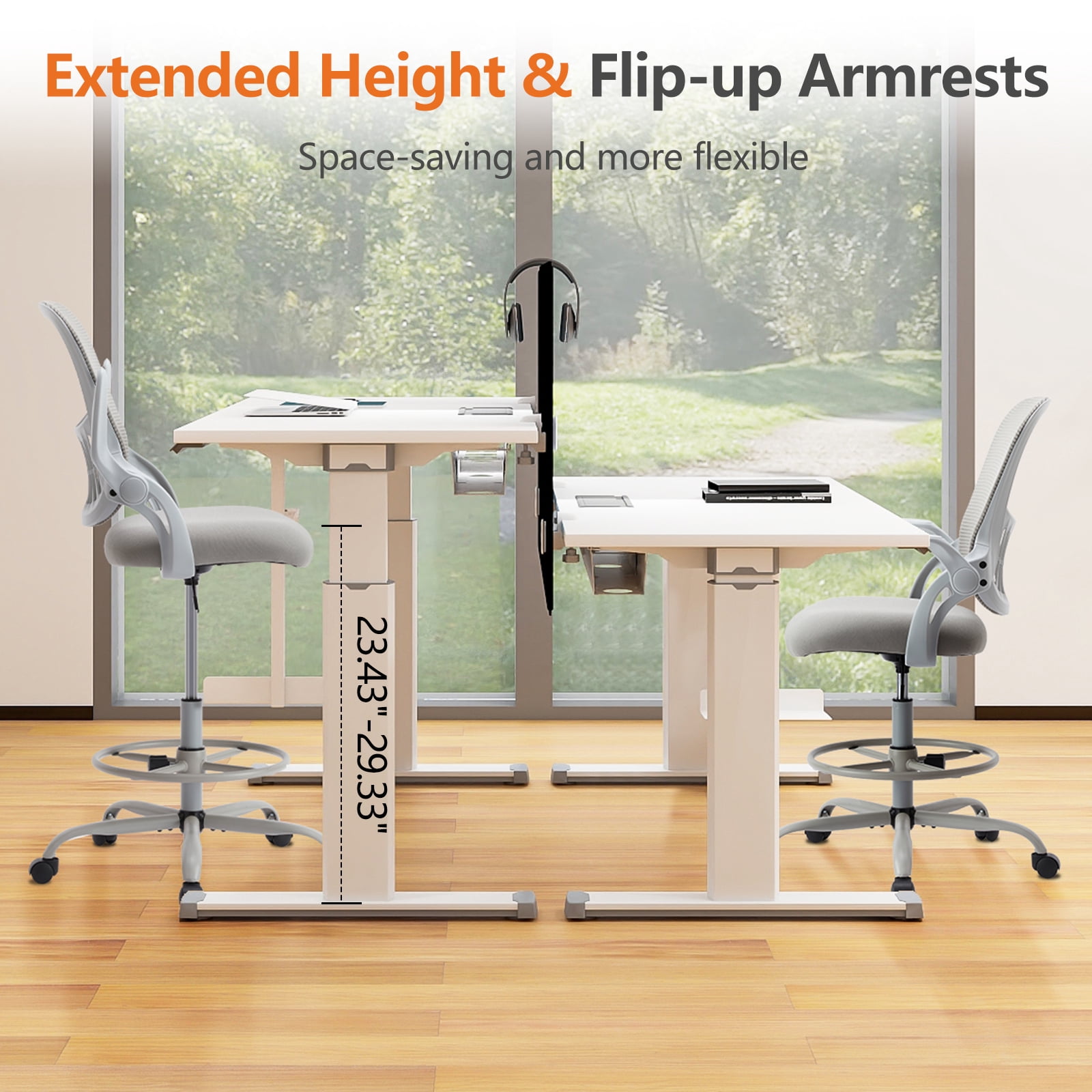 GIANNA Ergonomic Tall Mesh Office Chair with Storable Lumbar Support, Adjustable Foot Ring, Armrests, and Mid-Back Design – High Task Chair with Wheels, Gray