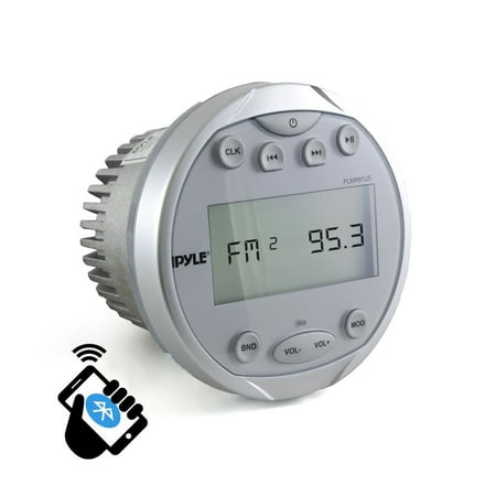 - PYLE PLMR91US - Round Waterproof Marine Stereo - 4x28 W Aquatic Boat in Dash Gauge Radio Receiver System with Bluetooth, AM FM, Digital LCD, USB, AUX, RCA - Includes Wiring Harness, Bracket (Silver)