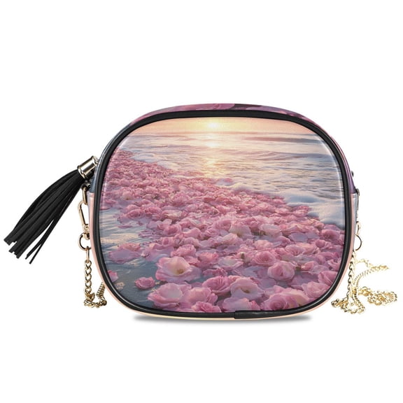 Womens Casual Chain Shoulder Bag Simple style Pink Roses on Beach Shore Crossbody Bag