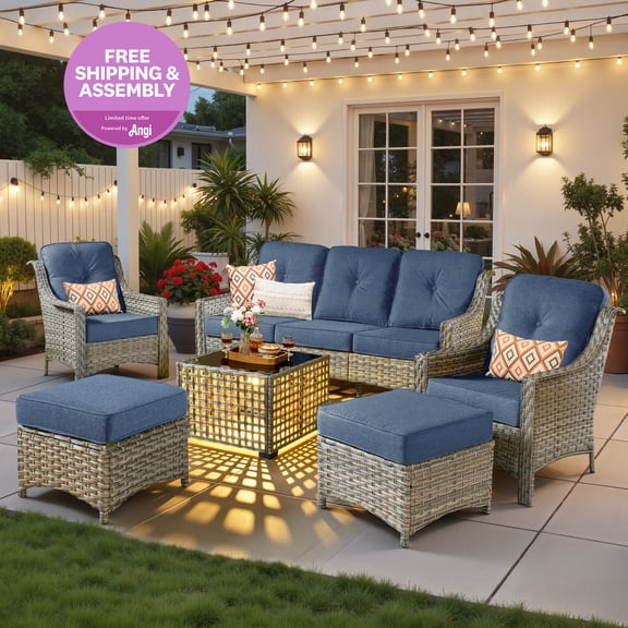 Ovios 6 Pieces Outdoor Furniture Set High Back All-Weather Wicker Patio Conversation Set with Ottomans & Solar Light Coffee Table, Denim Blue