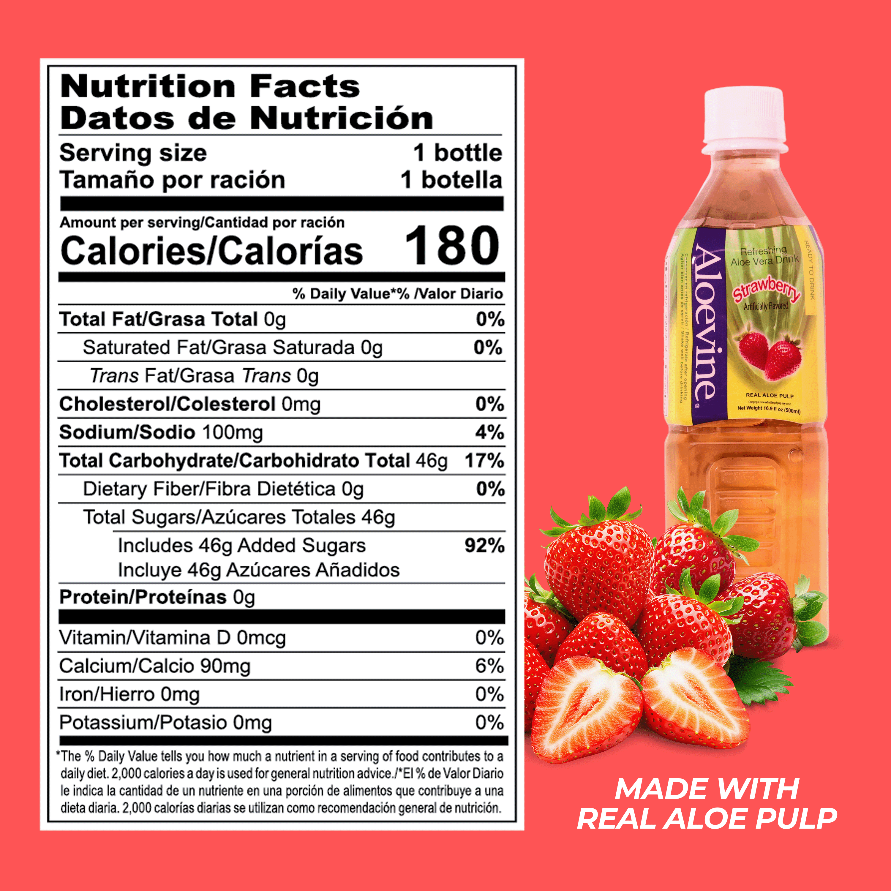 Aloevine Strawberry Aloe Vera Drink with Aloe Pulp, 16.9 fl oz, 20 Count Bottles