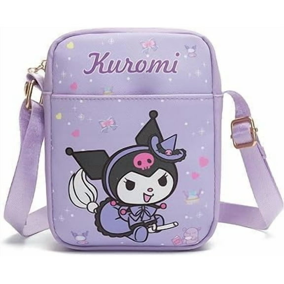 Kuromi cute cartoon theme mini crossbody bag, soft PU leather crossbody shoulder bag, cartoon adjustable length handbag