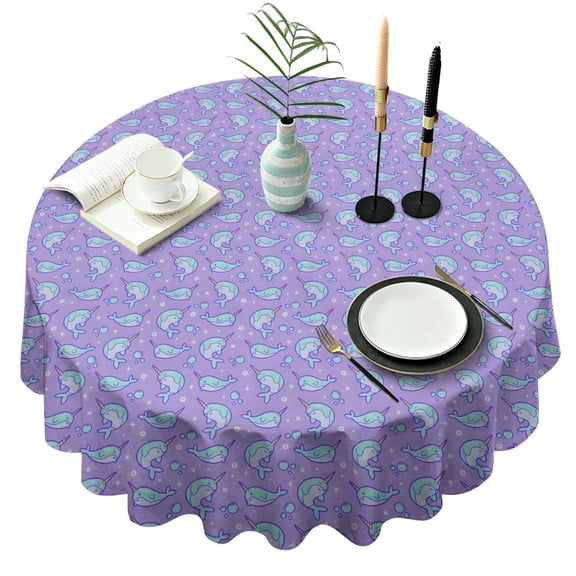 Purple Cartoon Narwhal Pattern Round Tablecloth 60"x60",Wrinkle Wipeable Table Cloth for Kitchen Dining Room Picnic Patio Party