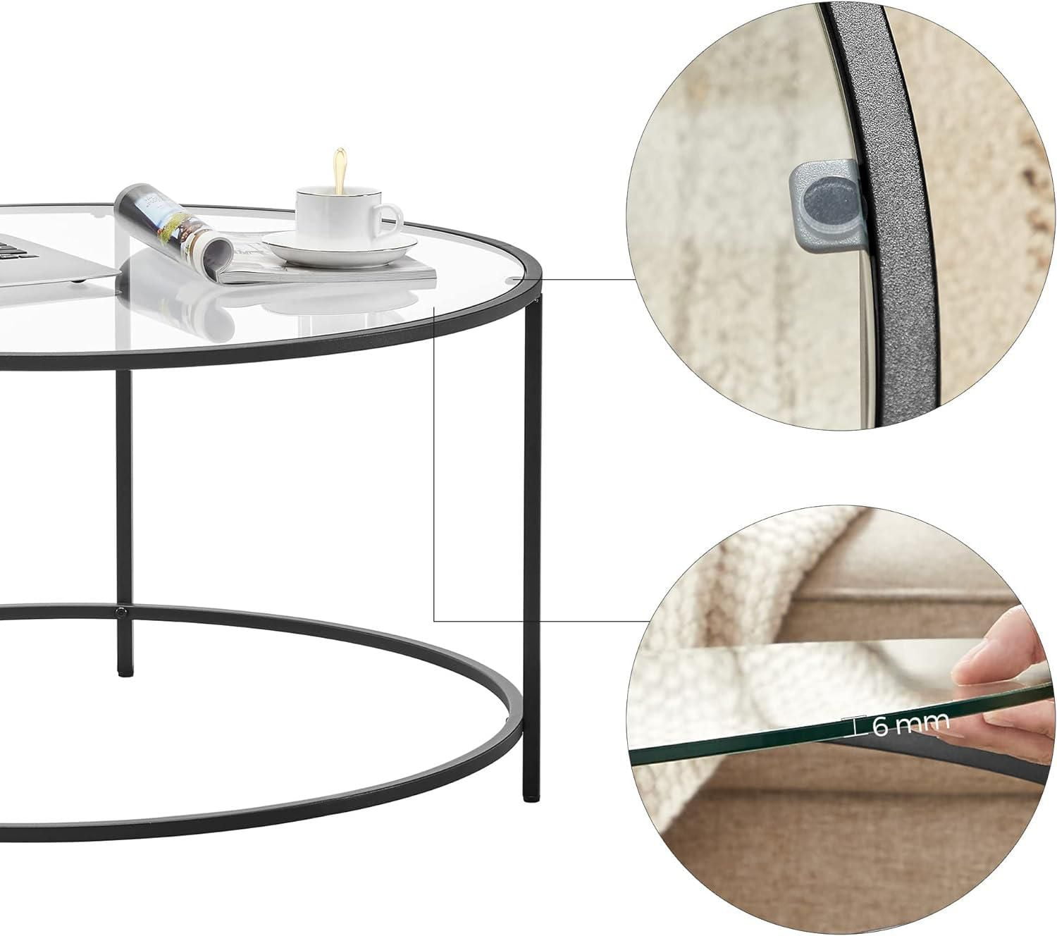 Boutique Home Round Coffee Table with Metal Frame and Tempered Glass Top