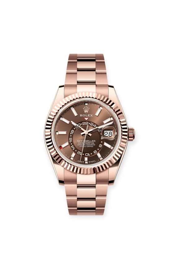 Pre-Owned Rolex Everose Gold Sky-Dweller 336935 Chocolate Index Dial On a Oyster Bracelet