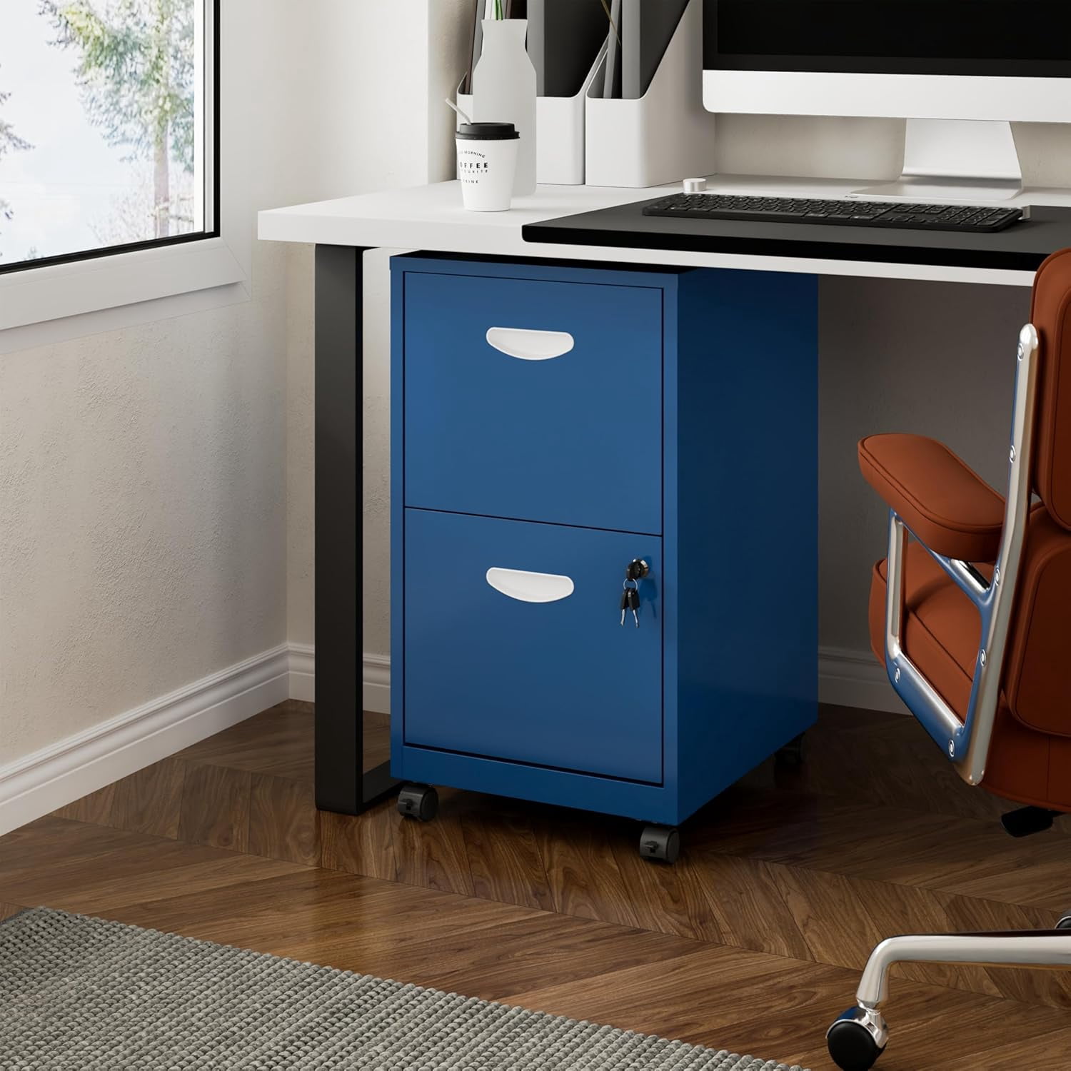 2 Drawer File Cabinet on Wheels, Mobile Two Drawer Filing Cabinet with Lock, Small Rolling Files Cabinets for Under Desk, Metal Filing Cabinets for Letter Size Folders - Assembly Required