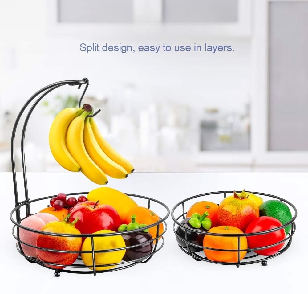 Iron 2-Tier Countertop Fruit Vegetables Basket Bowl Storage With Banana Hanger, Black, 64 ounces