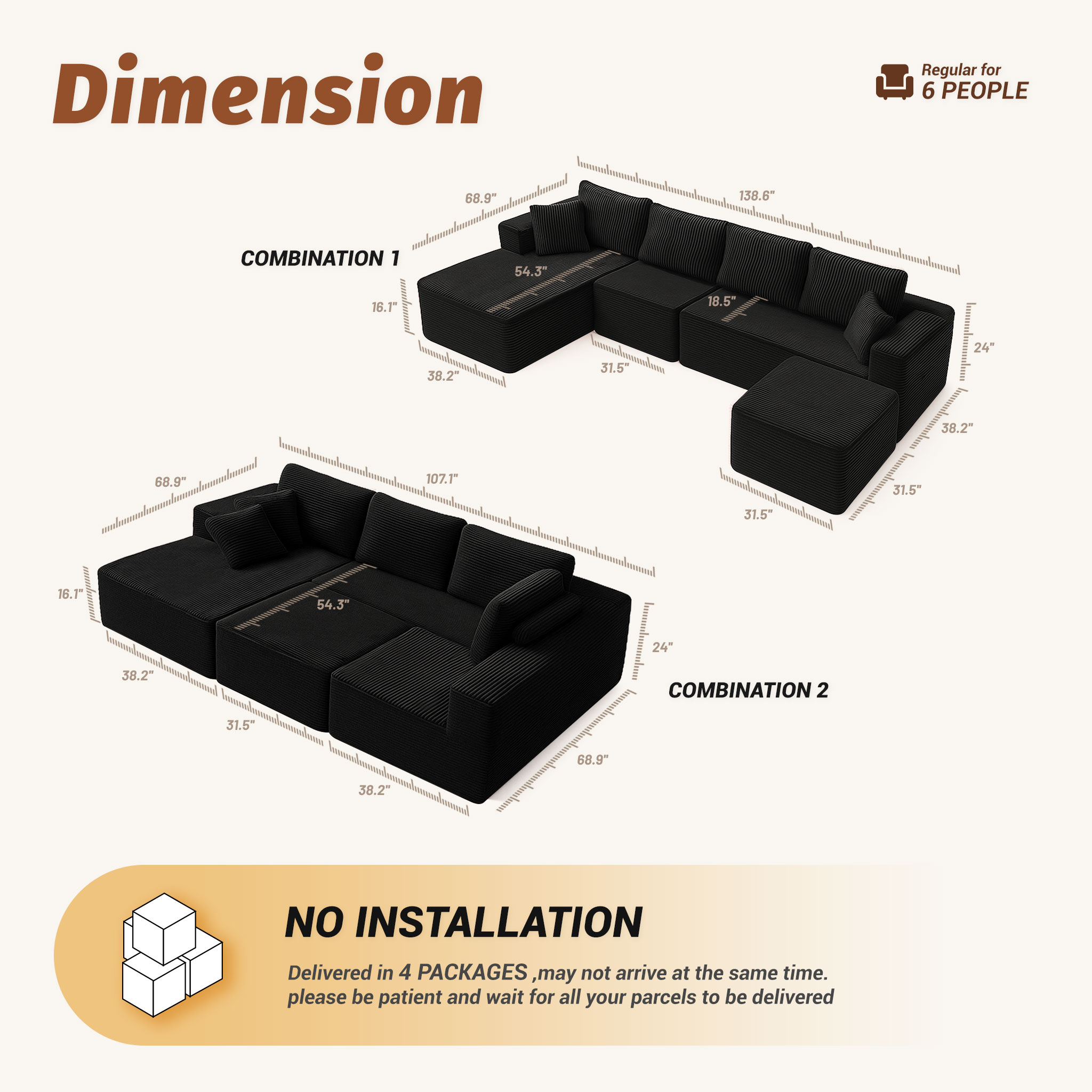 LAKPS 138" U-Shaped Left Modular Boneless Sectional Sofa, Deep Seat Corduroy Couch for Living Room, No Assembly Required, 4-Seater, Black