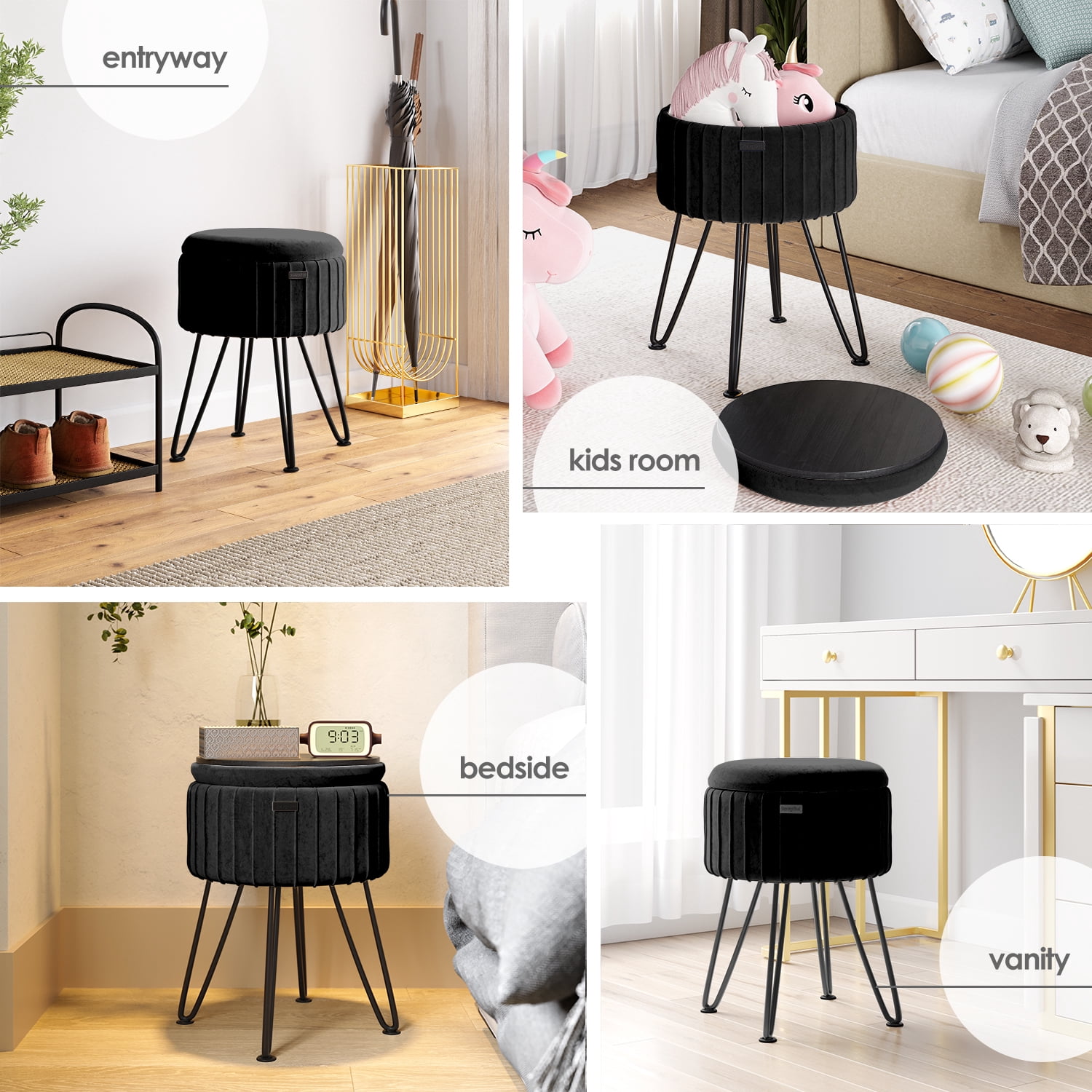 Hearth & Harbor Round Ottoman with Storage, Luxurious Foot Stool and Chic Vanity Stool with Storage, Elegant Pleated Velvet Black
