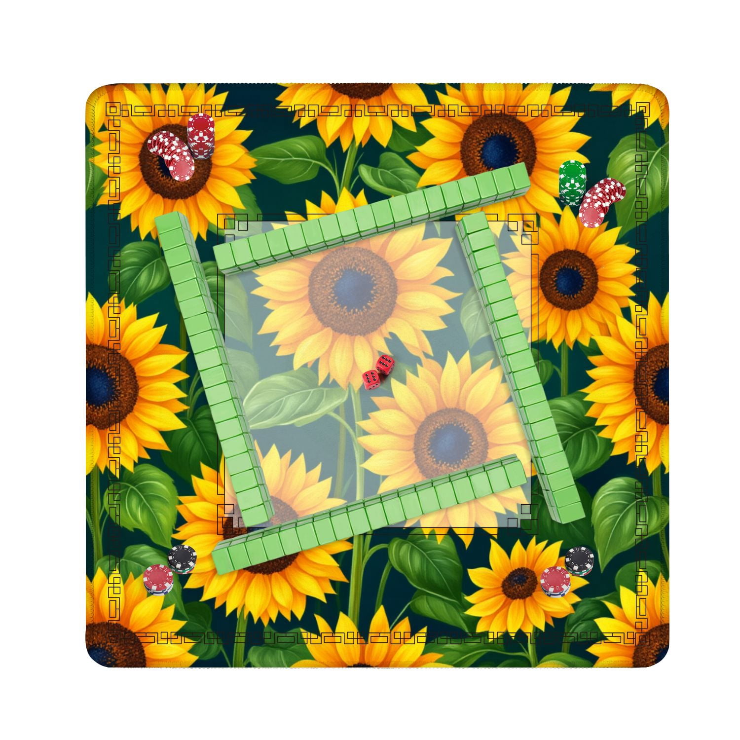 Mahjong Mat 31.5" x 31.5" Bright Sunflower Green Leaves Dark Non-Slip Noise Reduction American Mahjong Tiles Table Cover for Dominoes Poker Card Board Games Gift