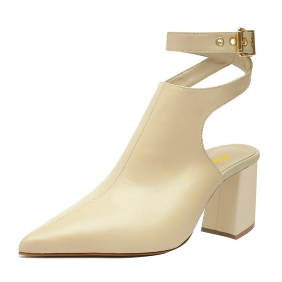 FSJ Women Chic Pointed Closed Toe Chunky High Heel Sandals Cross Buckled Ankle Strap Backless Booties Wedding Party Shoes Size 8 Cream Matte