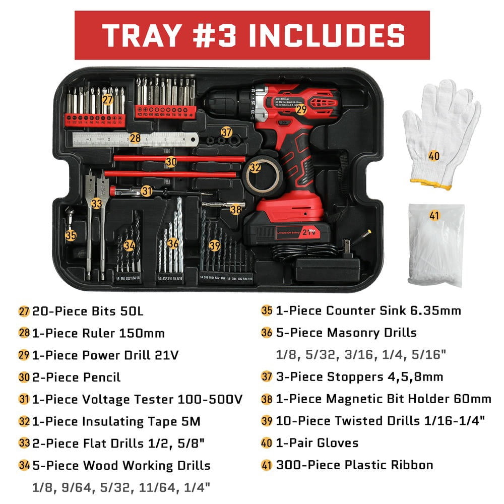 GVN 599 PCS Home Tool Set Kit, Auto Repair Tool Kit with Rolling Tool Box, Mechanic Tool Sets with 21V Max Cordless Power Drill