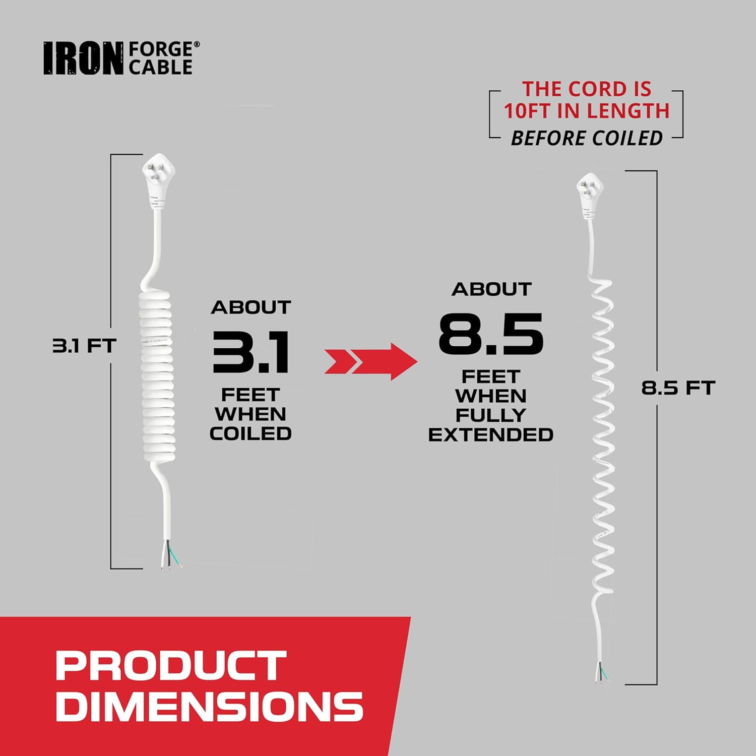 JJEAN-Iron Forge Cable 15 Amp White Replacement Coiled Extension Cord 8 ft - SJEOW Oil Resistant & Flat Plug 3 Prong, 14 Gauge Coiled Cord for Outdoor & Indoor