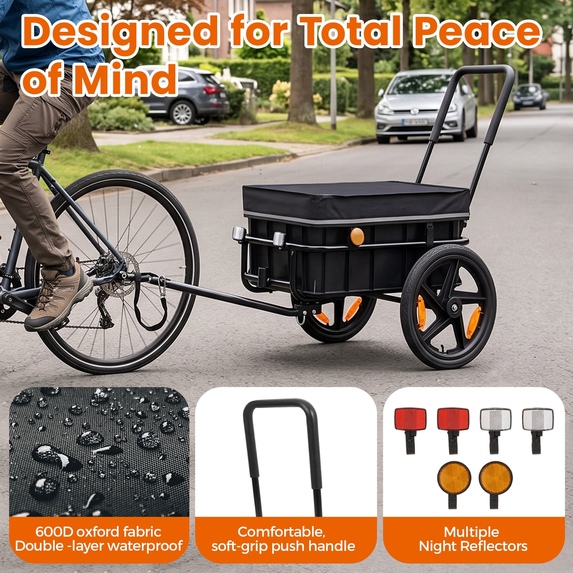 2-in-1 Bike Trailer Pushcart 154 lbs Capacity 16 Wheels Waterproof Cover Adjustable Handle