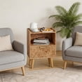 thumbnail image 2 of Gelloan Fluted Nightstand Set of 2, Bed Side Table with Drawer, Solid Wood Feet, Open Storage, End Table with Raised Edge, for Bedroom, Dorm and Small Spaces,Light Burl, 2 of 7
