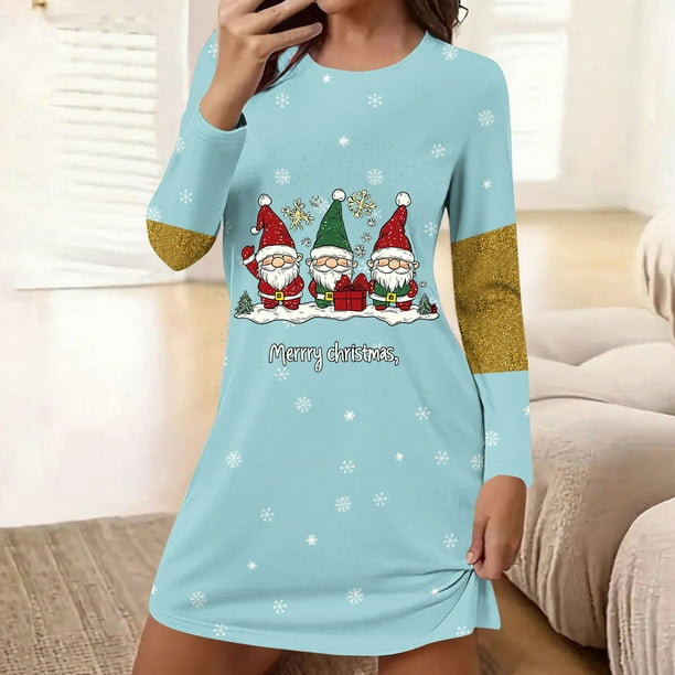 Camisón corto holgado y cómodo con cuello redondo y manga larga estampado para mujer