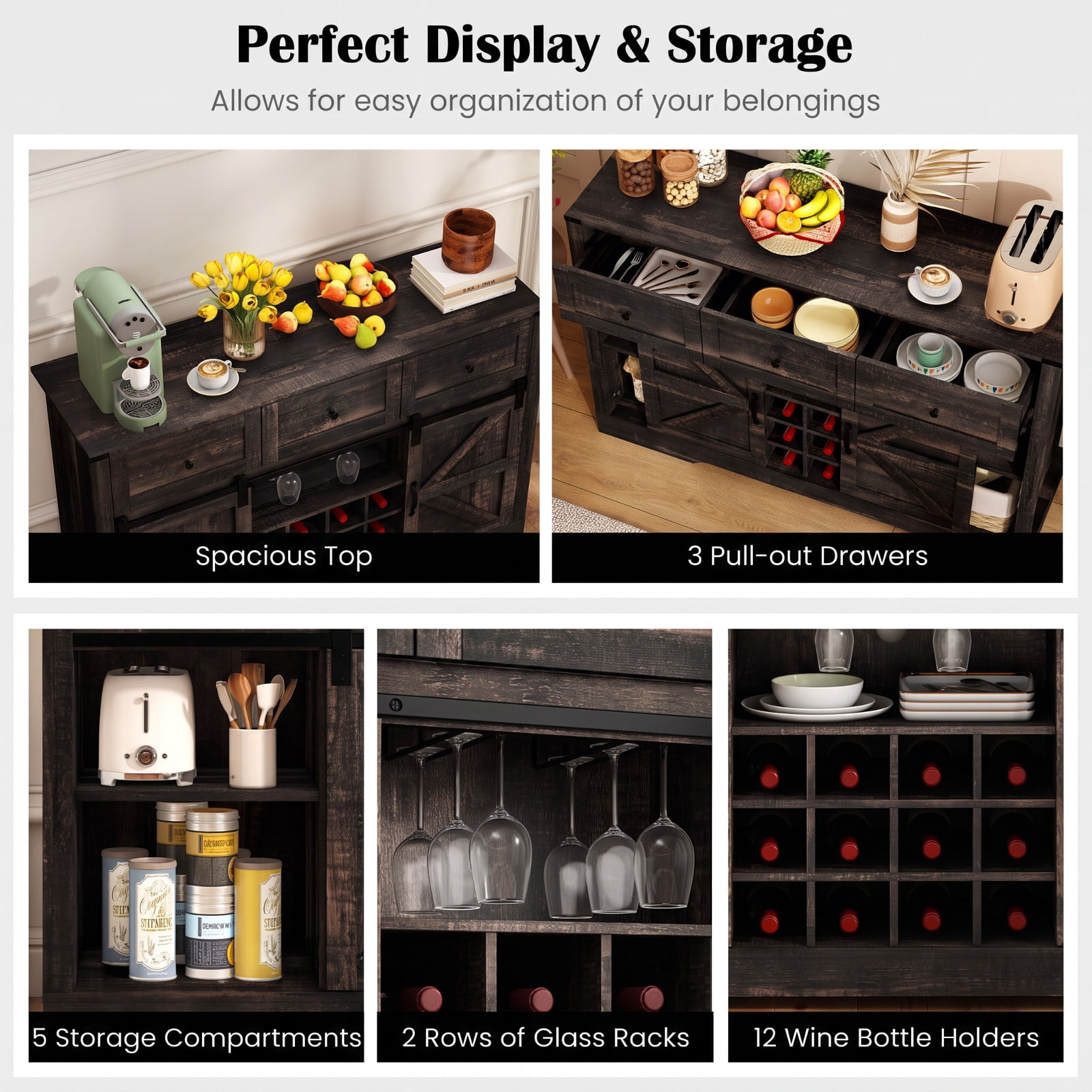 Furnibear 52 Inches Wine Bar Cabinet with LED Lights and Sliding Barn Doors for Living Room Kitchen Dining Home Bar Wine Storage, Black