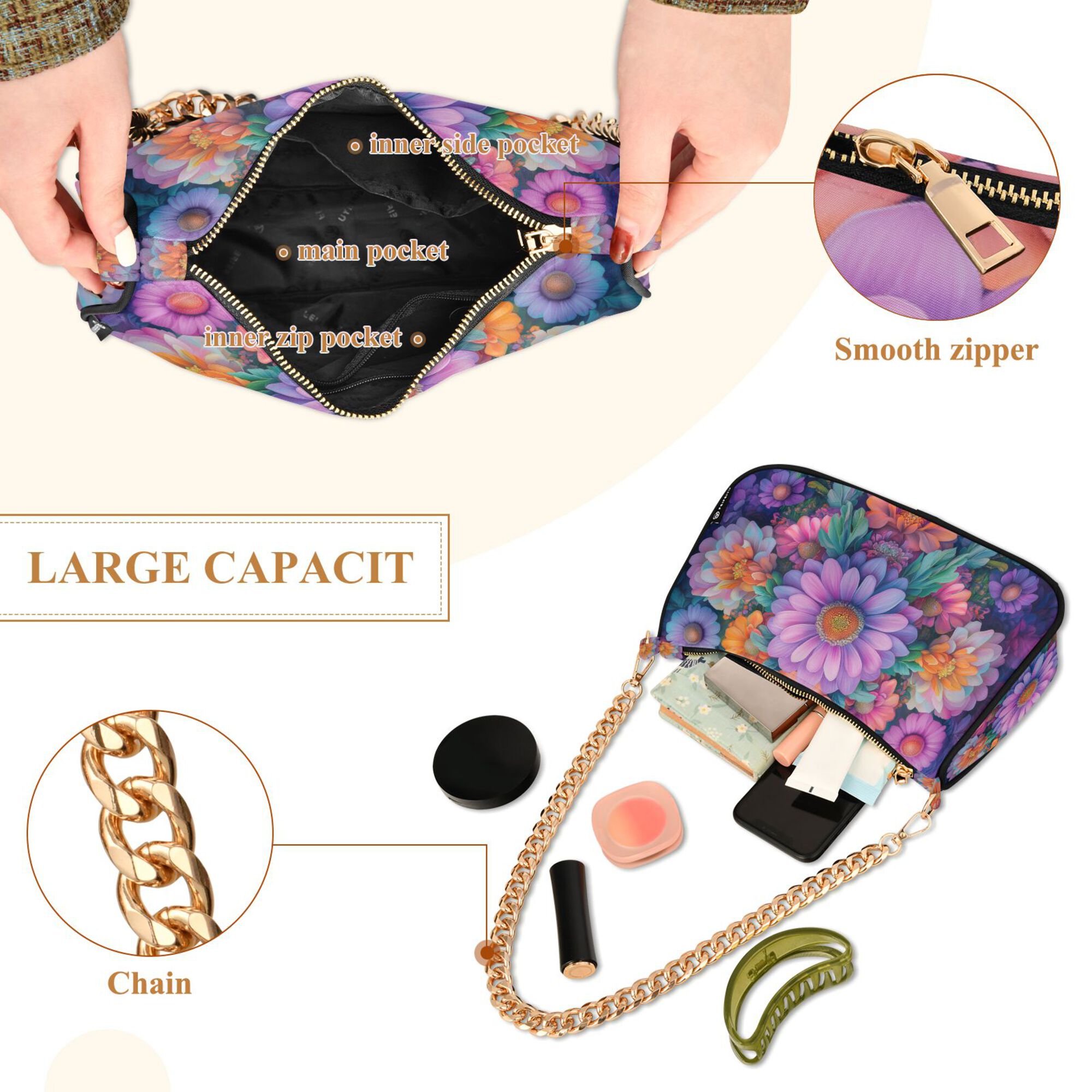 FORMRS Womens Shoulder Bag with Chain Strap Clutch Purse Cute Tote Handbag, Light Purple Flowers