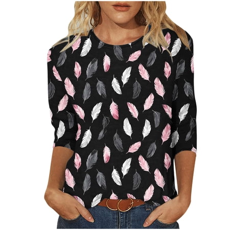 Women Fall Clothes Bright Floral Print 3/4 Sleeve Round Neck Blouse Tees Tshirts Fall Tops for Summer My Items