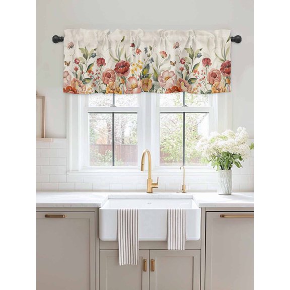 Kitchen Valances for Window, Summer Farm Wildflower Light Filtering Rod Pocket Valance Curtain, Retro Country Floral on Linen Short Curtains Window Topper for Bedroom Bathroom Living Room 54x18in