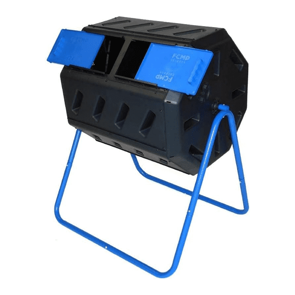 FCMP Outdoor 37 Gallon Dual Chamber Tumbling Composter Bin w/2 Doors, Blue