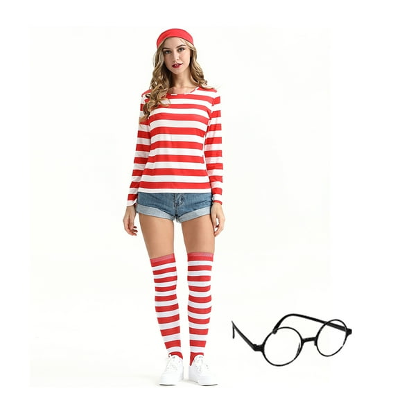 Women Cute Costume Set Red White Hat Nerd Glasses Striped T-shirt Breathable Skin Friendly Soft Knitting Socks Hat Christmas Cosplay Outfit XL