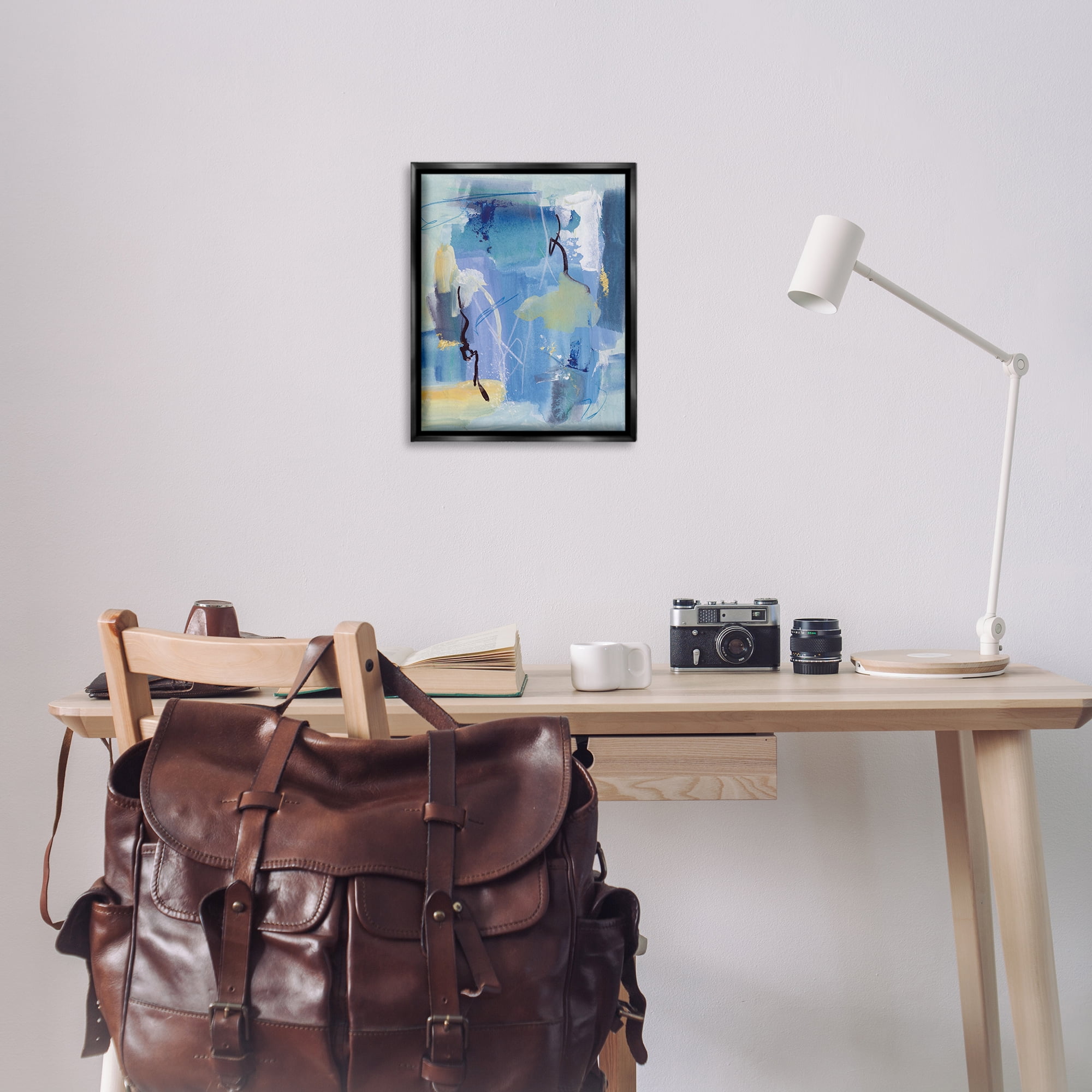 Stupell Industries Blue Abstract Yellow Accents Abstract Painting Black Floater Framed Canvas Art Print Wall Art, 17 x 21