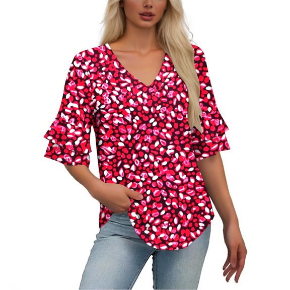 TaTaai Casual Fashion Women T Shirt Loose Fit Short Sleeve V Neck Double Layer Flounce Sleeve Breathable Comfort Spring Summer Daily Wear Top Gift