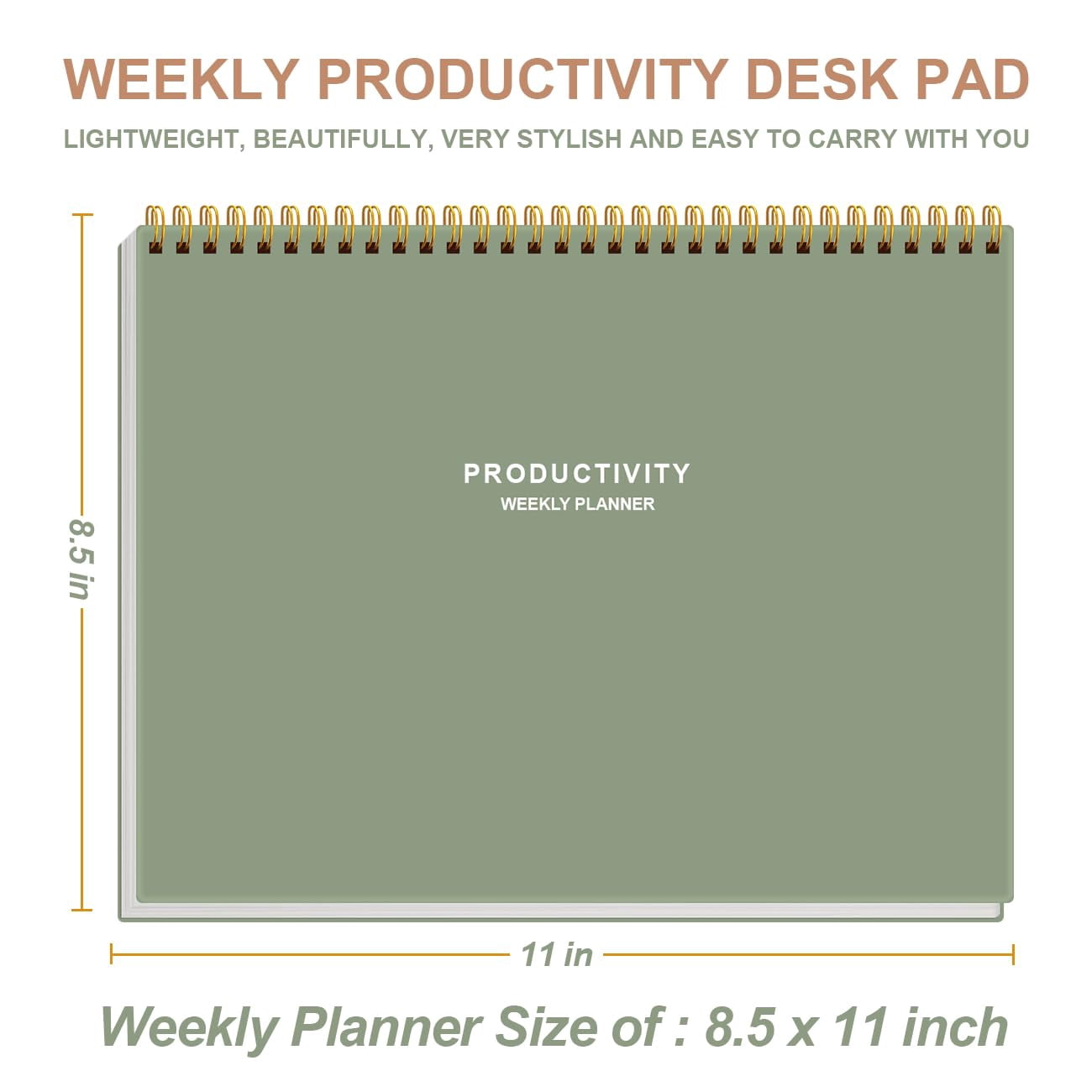 Weekly productivity planner, 8.5 x 11 undated desk notepad with 6 focus areas, goal tracking, project management, meal planning, 54 weeks, green