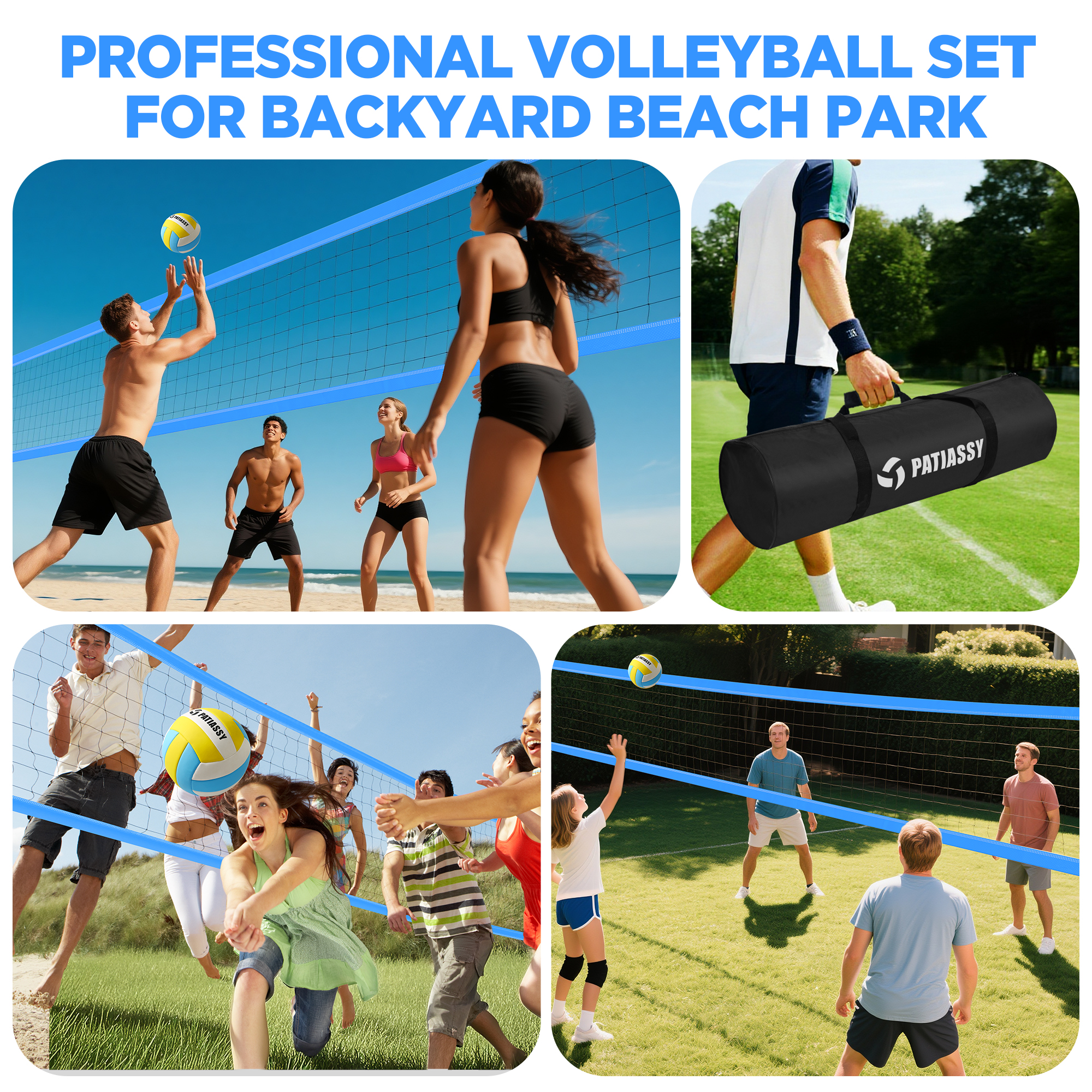 Patiassy Portable Professional Outdoor Volleyball Net Set for Backyard Beach with Adjustable Height Aluminum Poles, Winch System, Volleyball with Pump