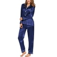 thumbnail image 3 of Pijama de satén de seda para mujer, ropa de dormir de dos piezas, conjunto de Pijama largo de manga larga con botones, 3 of 3